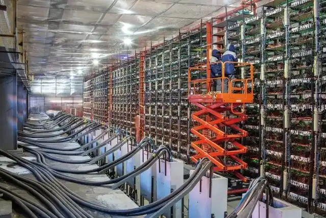 Advanced mining farm facility with rows of hosted mining rigs
